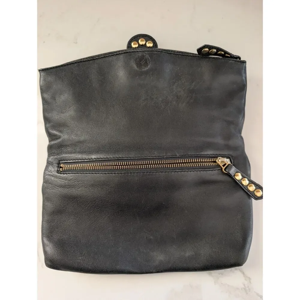 Besso Black Leather Clutch Gold Studded Buckle Fold Over Bag 10.5x6 Grunge...